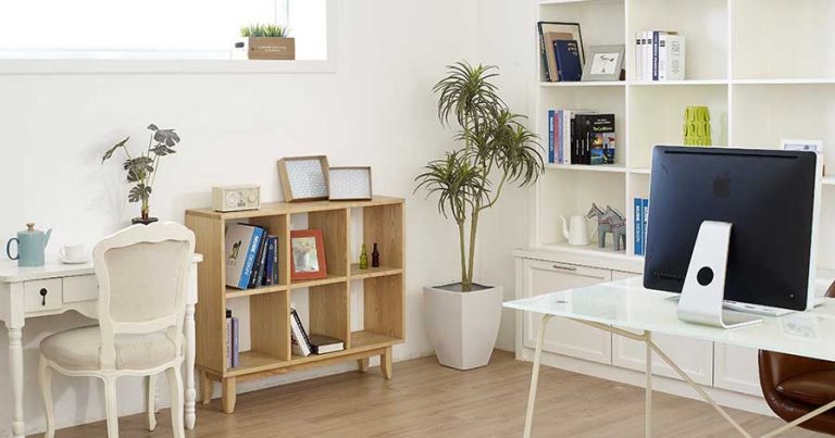 Clean room with bookcase and desk