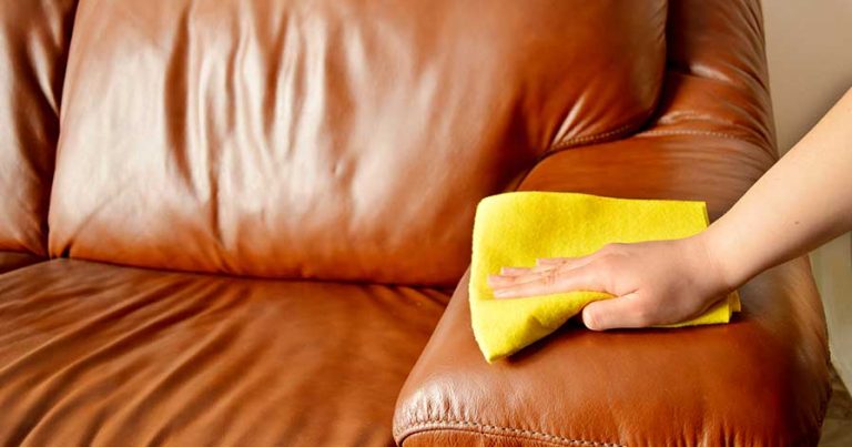 A person wiping down a leather sofa.