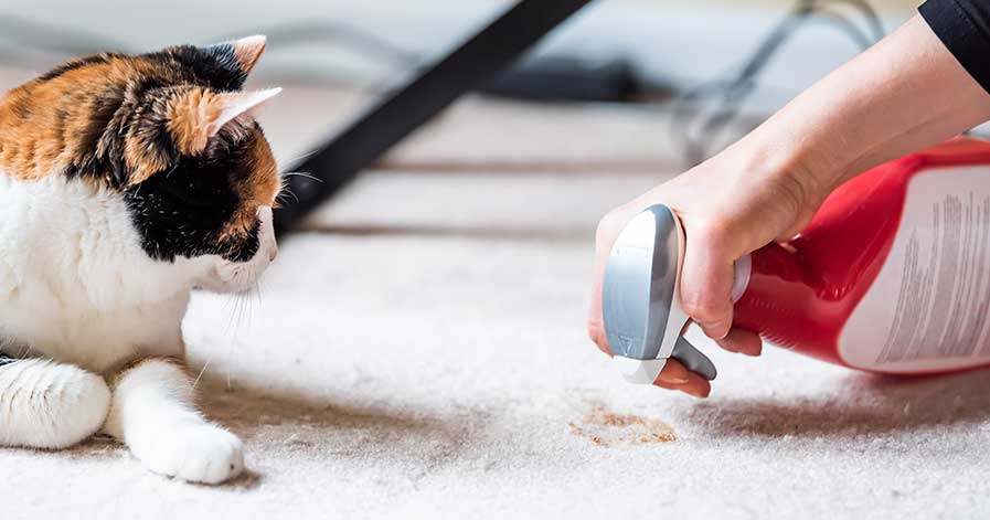 Someone using pet safe cleaning products to clean a spot on a carpet beside a cat