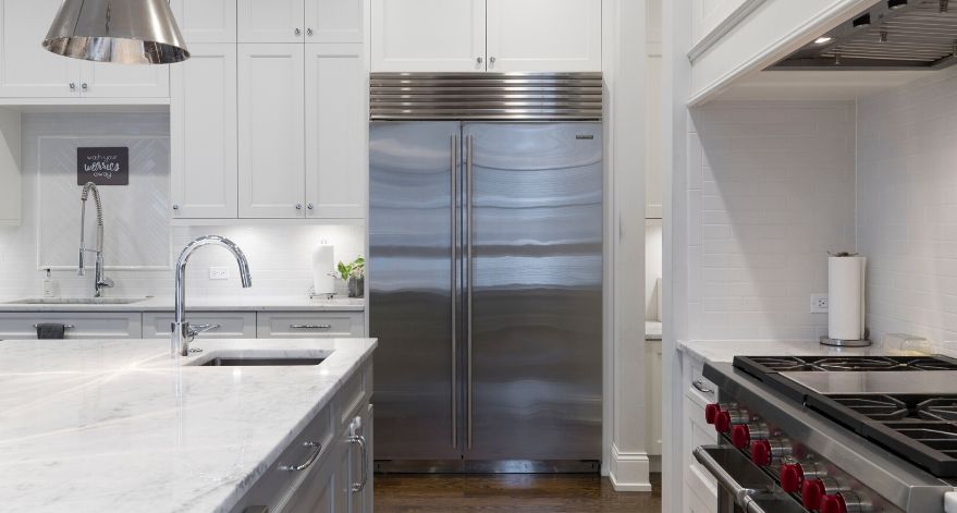 A stainless steel fridge.